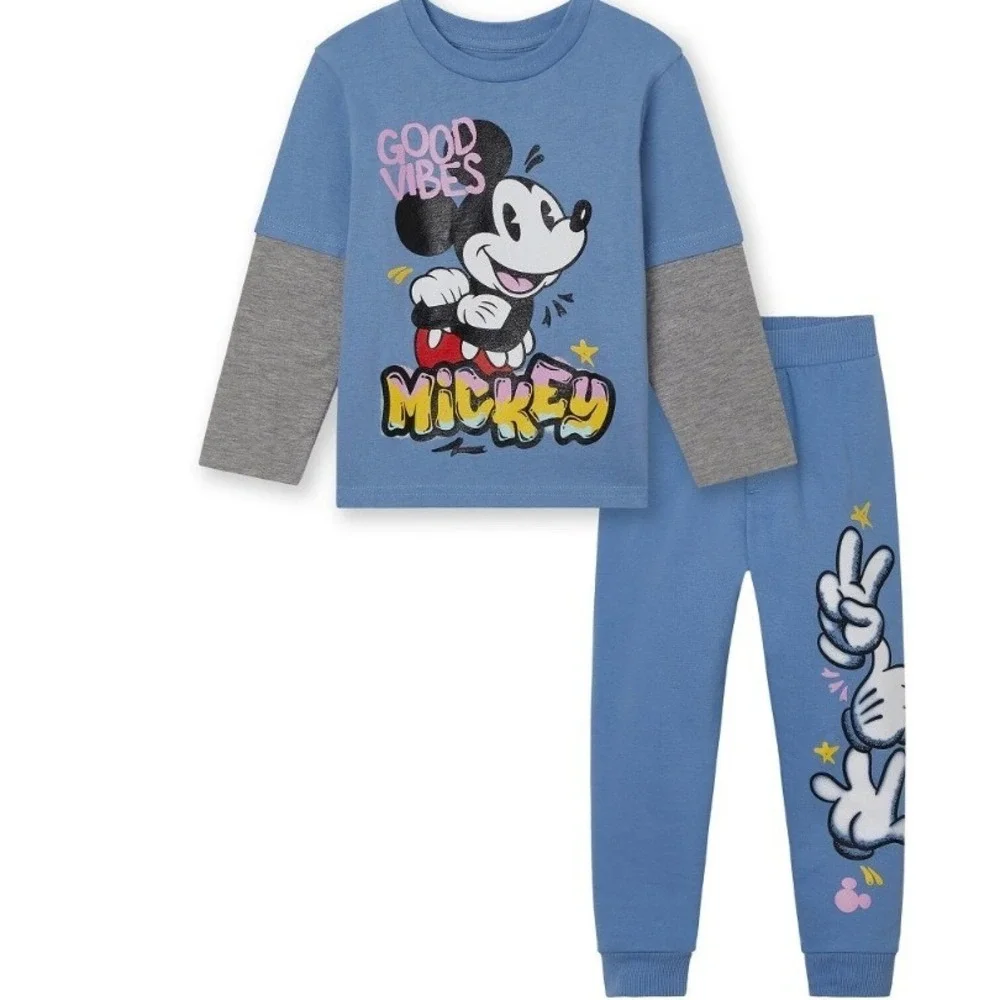 Disney Mickey Mouse Boys Blue Good Vibes 2-Piece Pajama Jogger‎ Set Size 6 NWOT